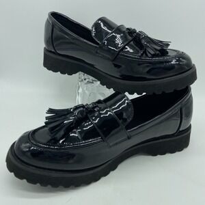 Jones New York Tassel Loafers 7.5 Black Patent Lug Dark Acadamia Preppy Chic